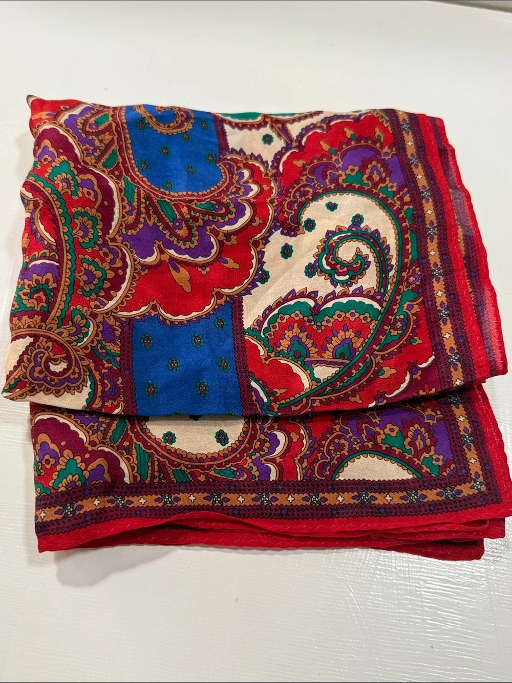 Vintage 1960’s Paisley delicate Silk Scarf in Red, Blue & Cream